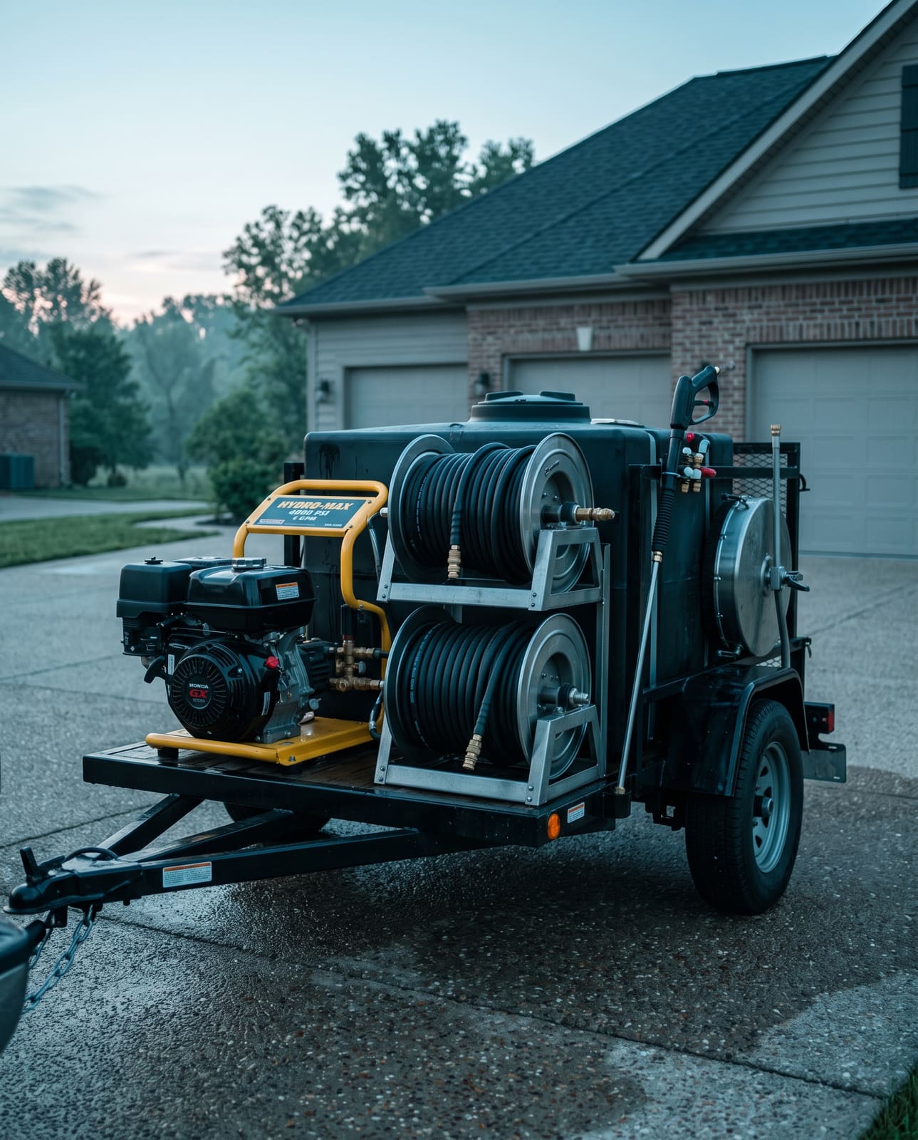 Pressure washing and detailing rig parked in a driveway at dawn
