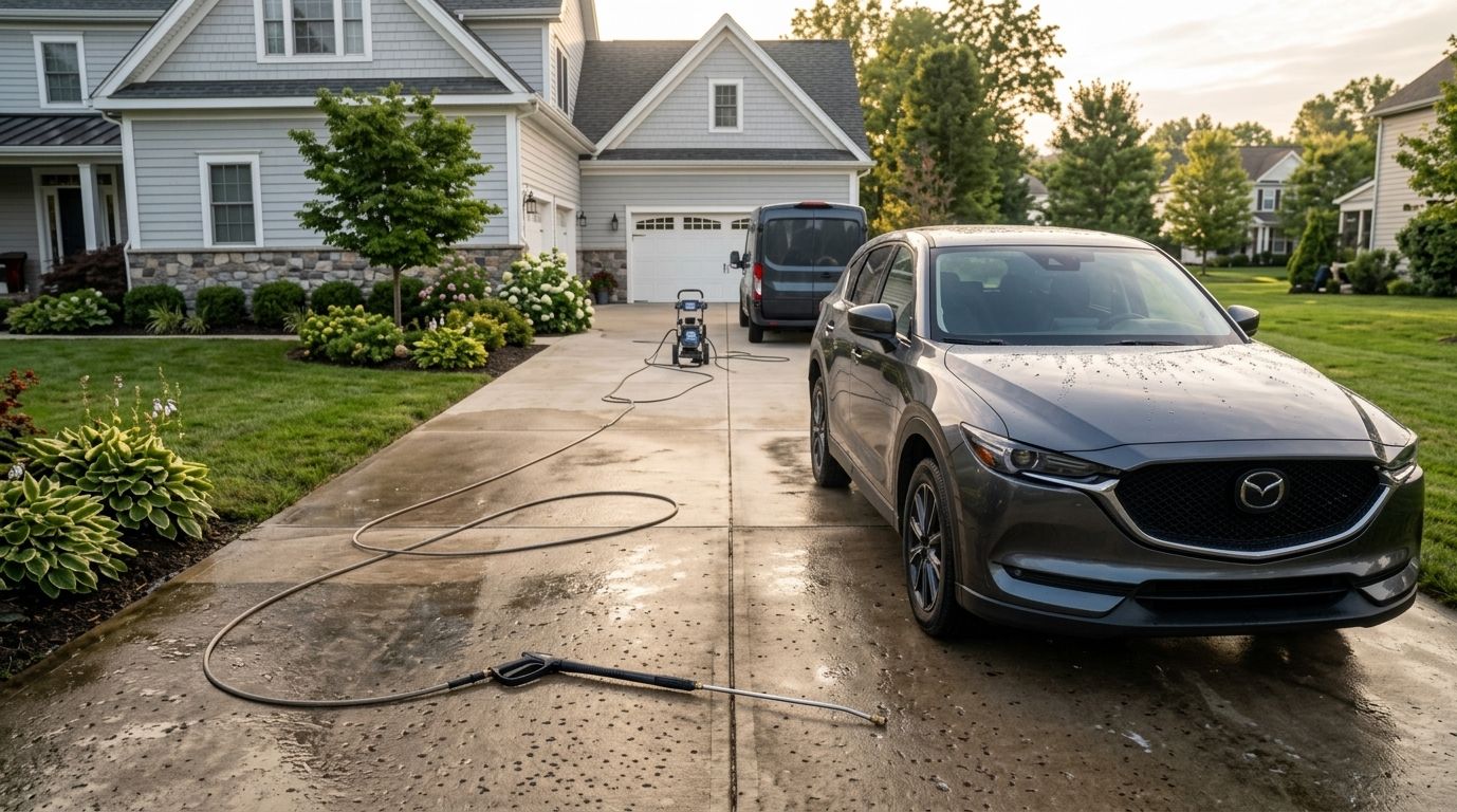 Pressure washing a driveway beside a freshly detailed SUV