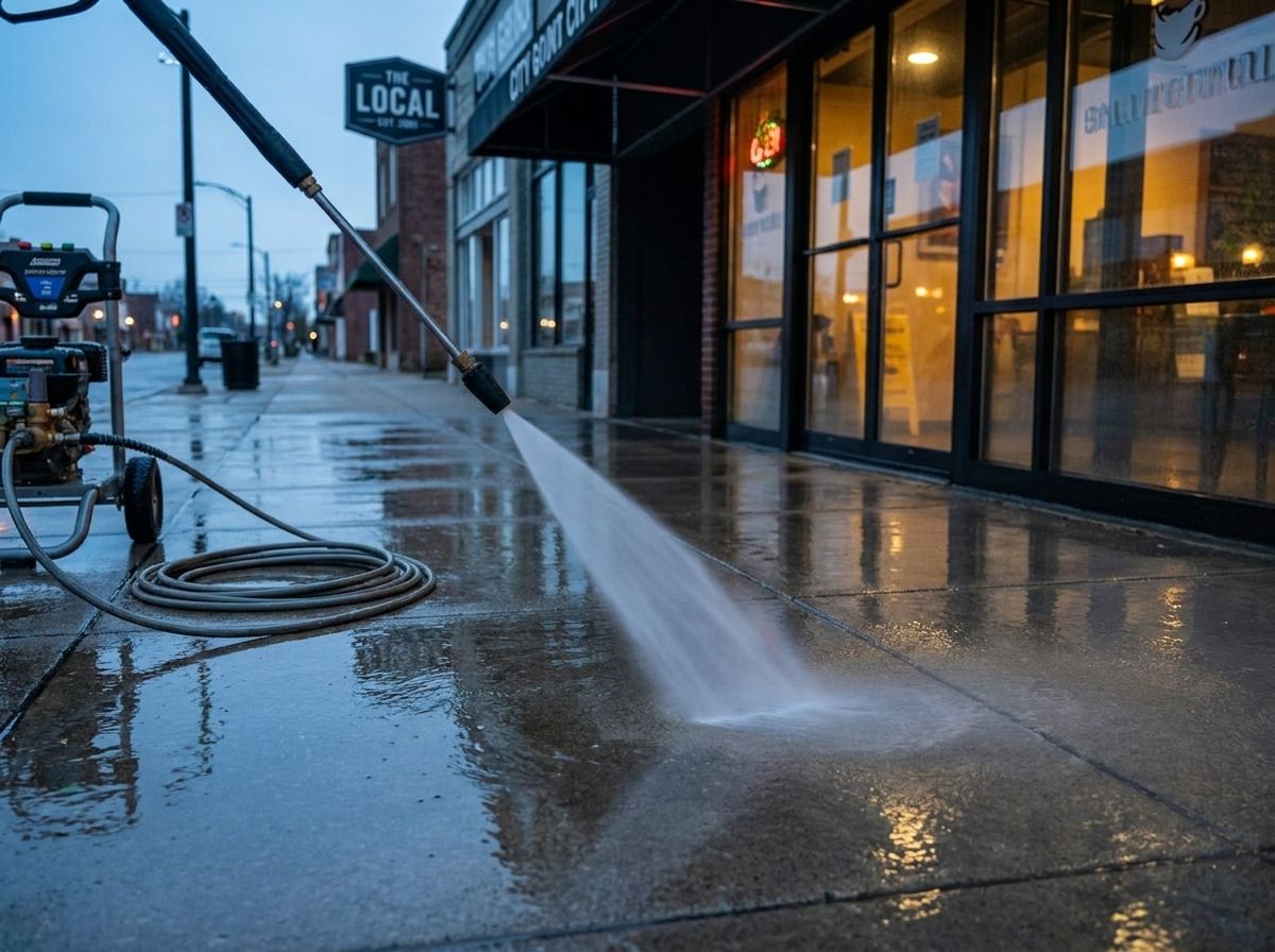 Commercial storefront sidewalk being pressure washed