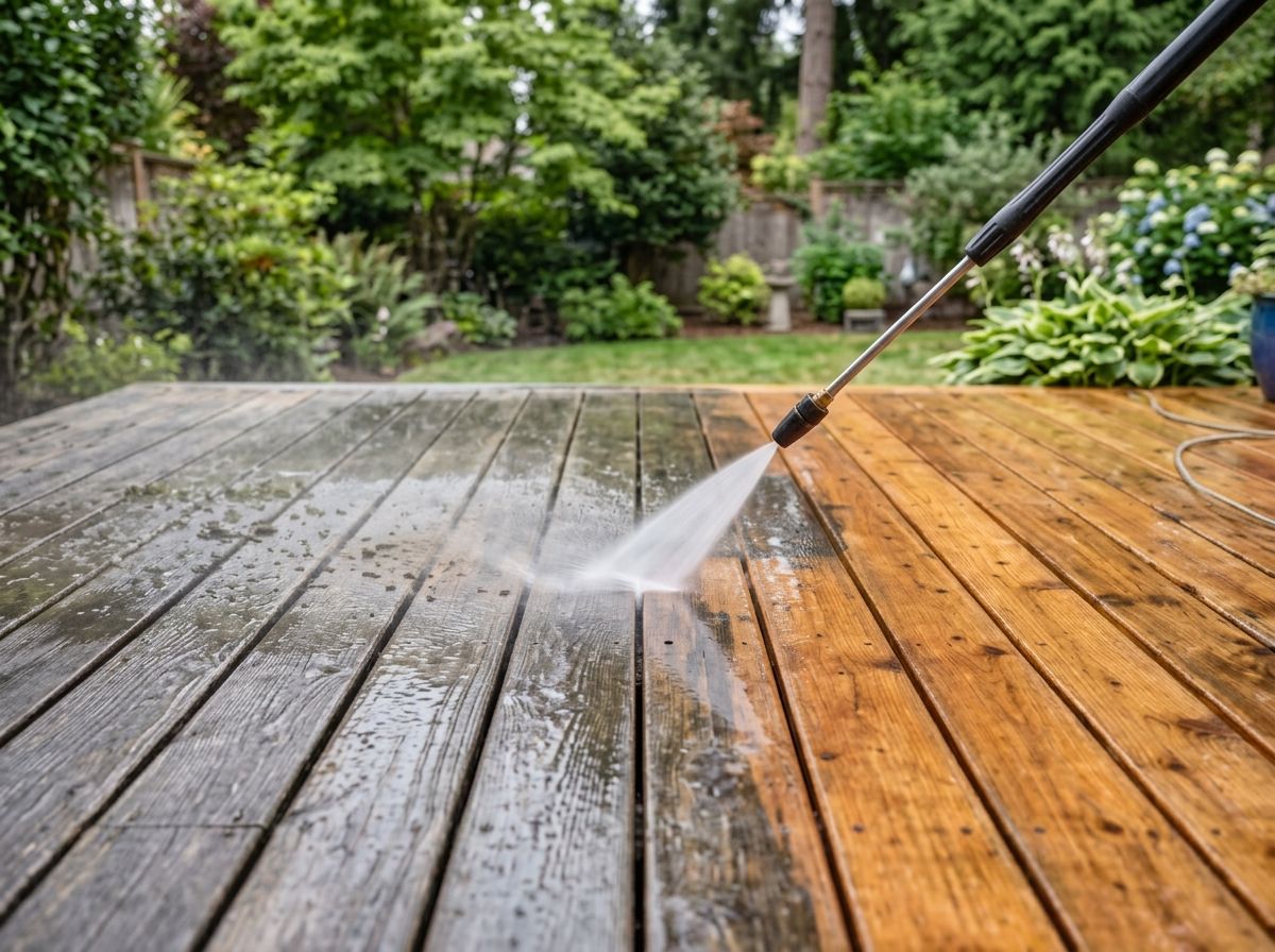Wood deck being pressure washed