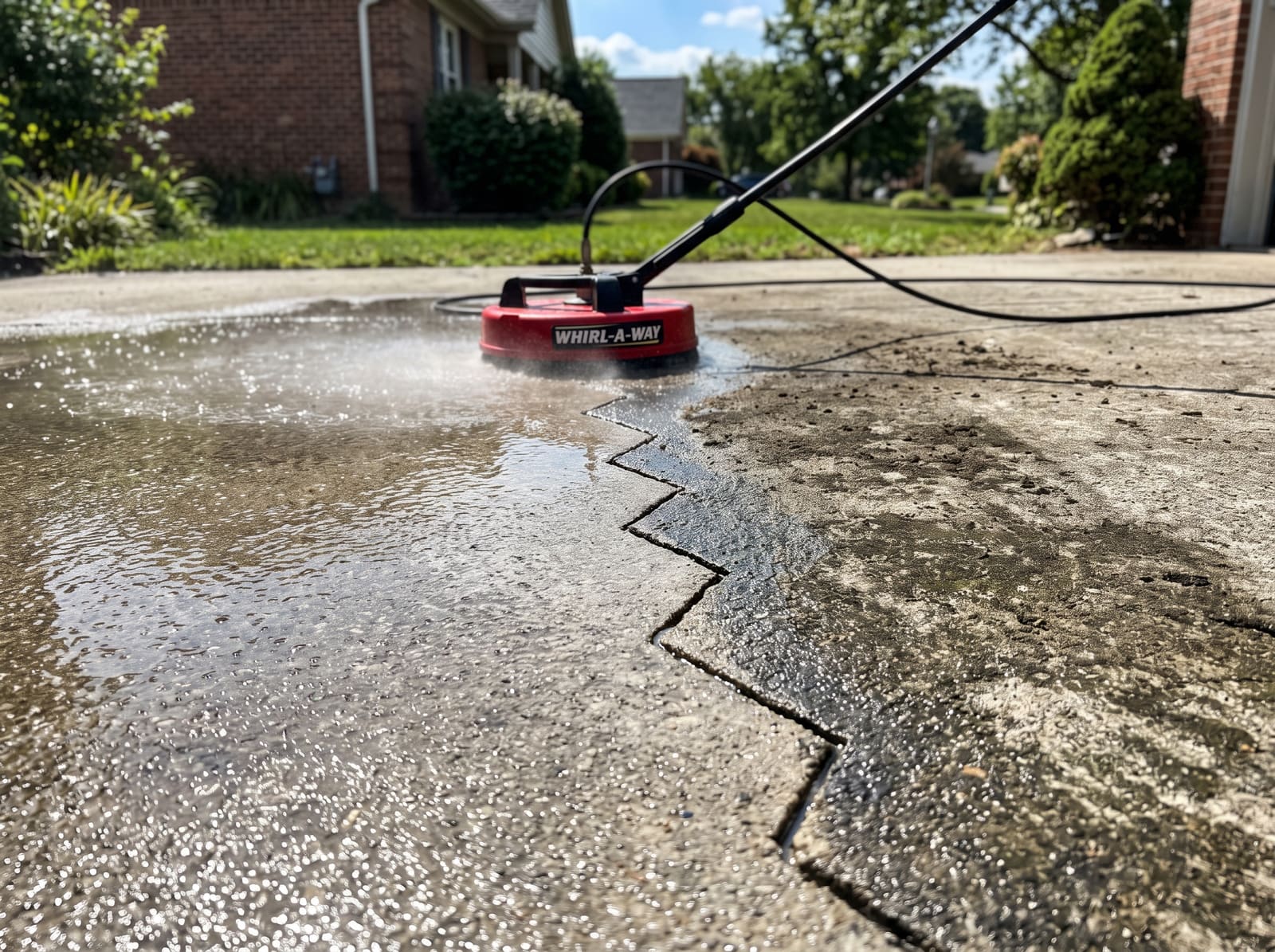 Driveway concrete being pressure washed