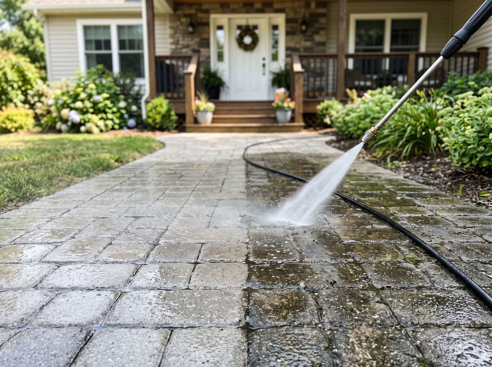 Walkway before and after pressure washing